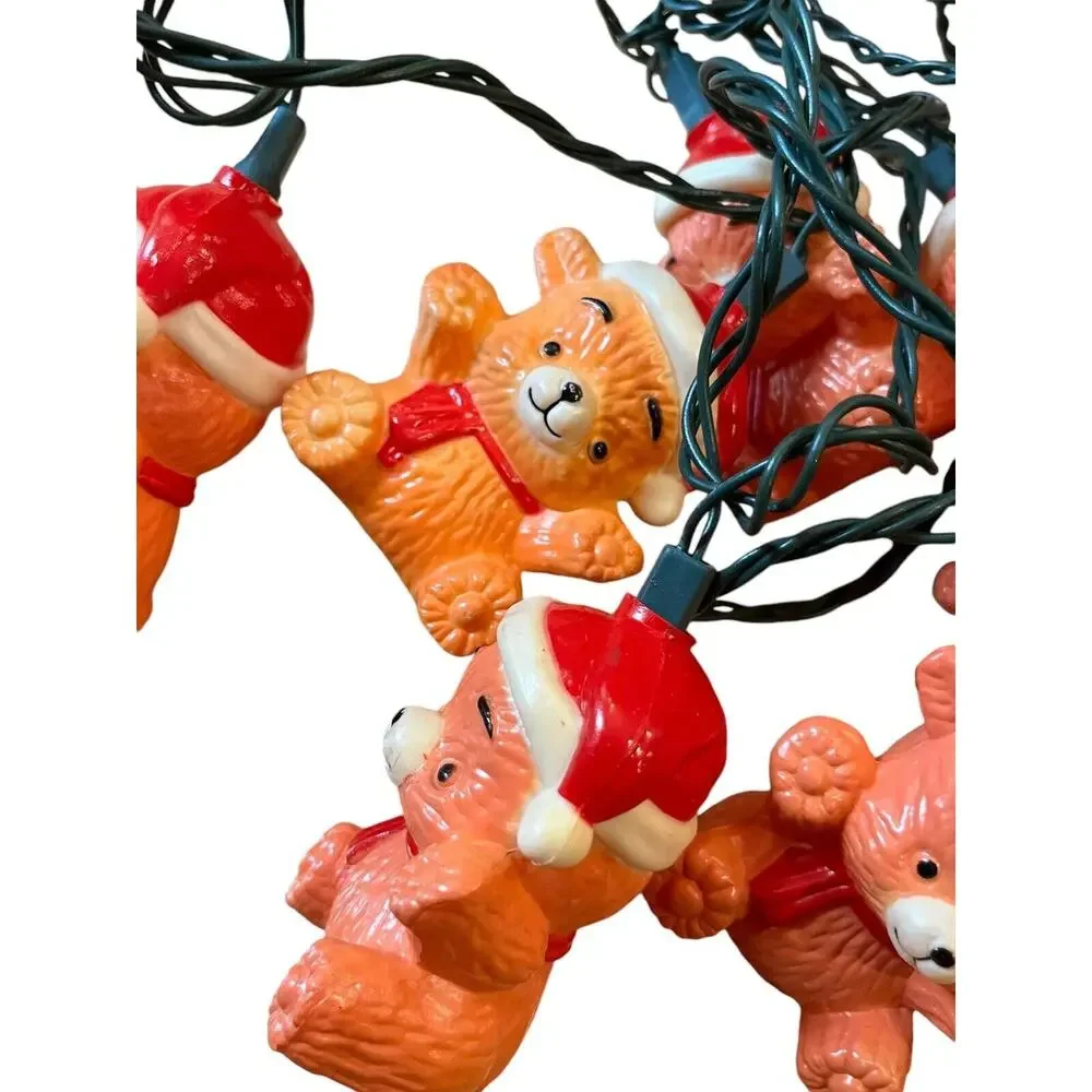 2 Strands VTG Teddy Bear Santa Hat Plastic Blow Mold String Lights Working